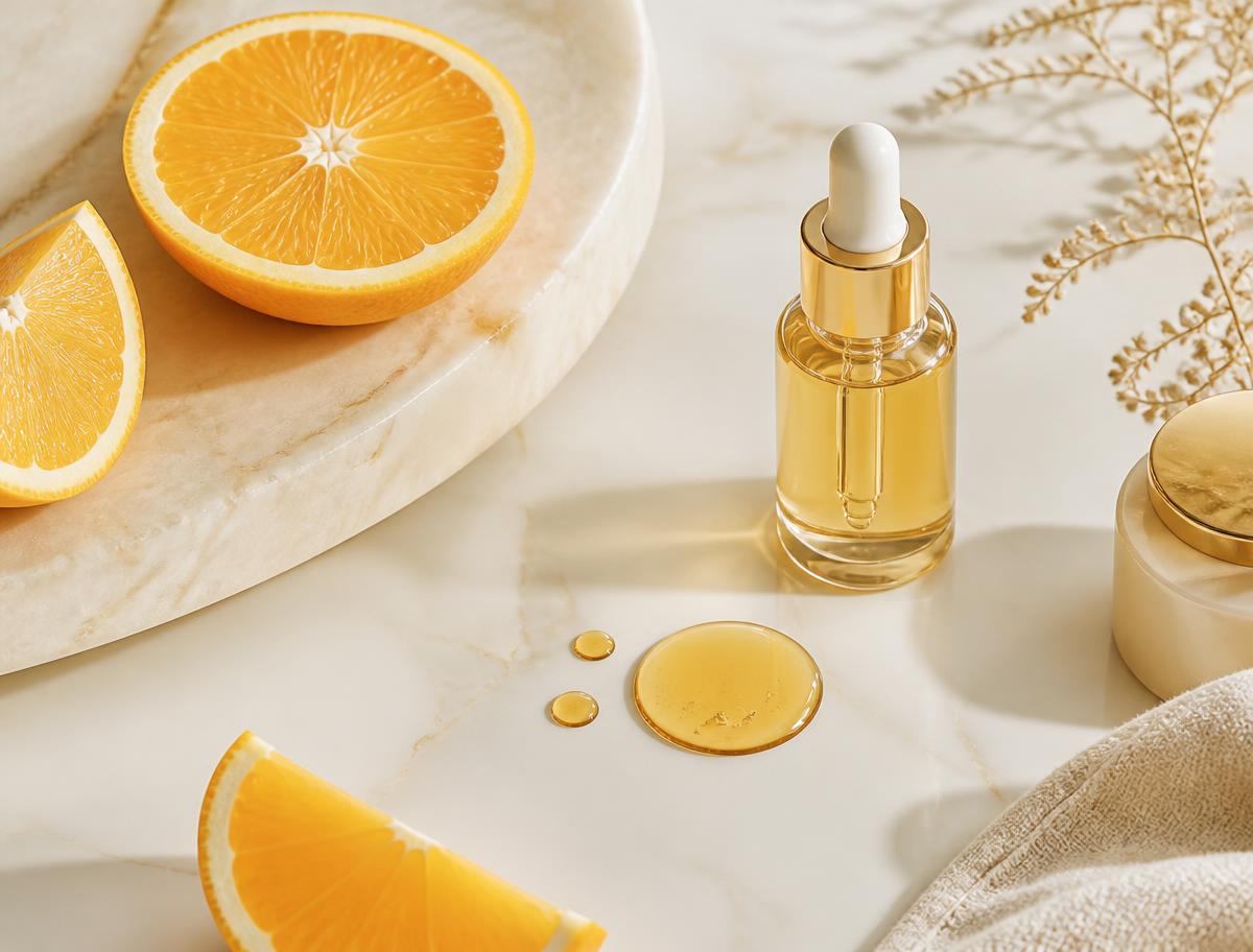 Sérum de vitamina C junto a rodajas de cítricos sobre mármol
