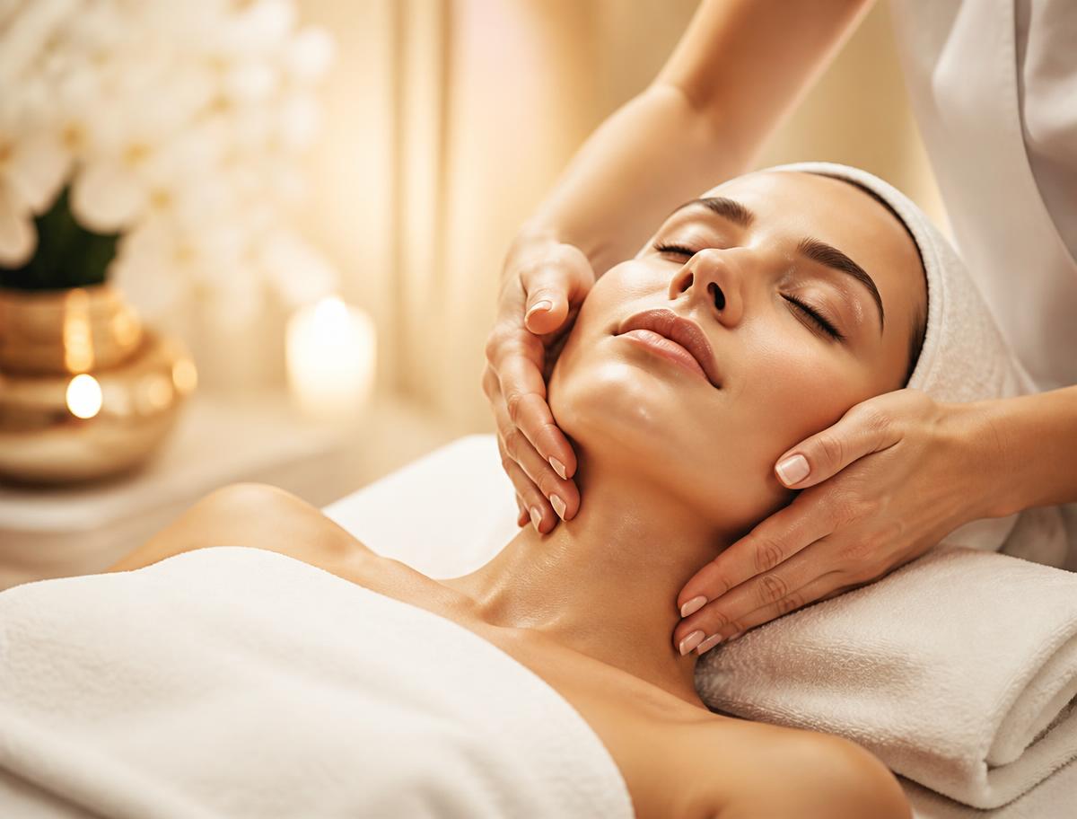Masaje facial relajante en cabina de estética