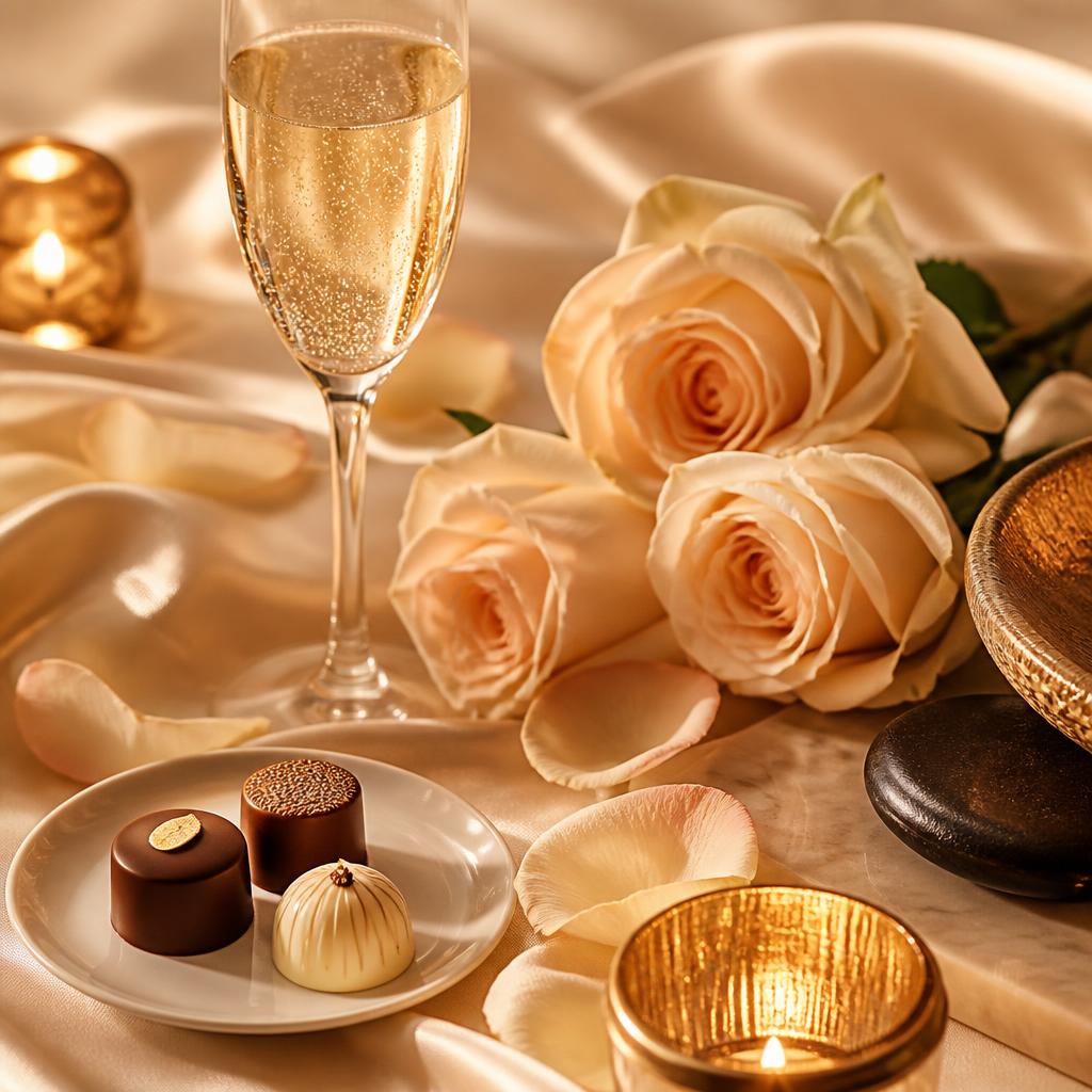 Vino espumante, chocolates finos, rosas y velas en un ambiente spa de lujo